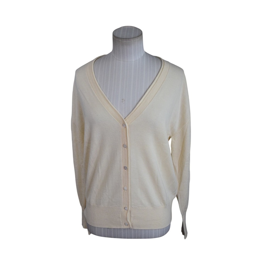 AYR The Airport Cardigan Sweater S Cream Merino Wool Blend V-Neck Button Front